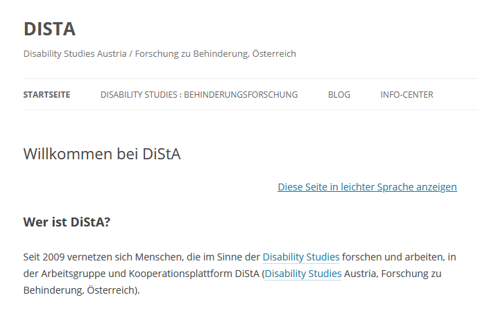 Screenshot der Homepage der österreichischen DISTA - Disability Studies Austria
