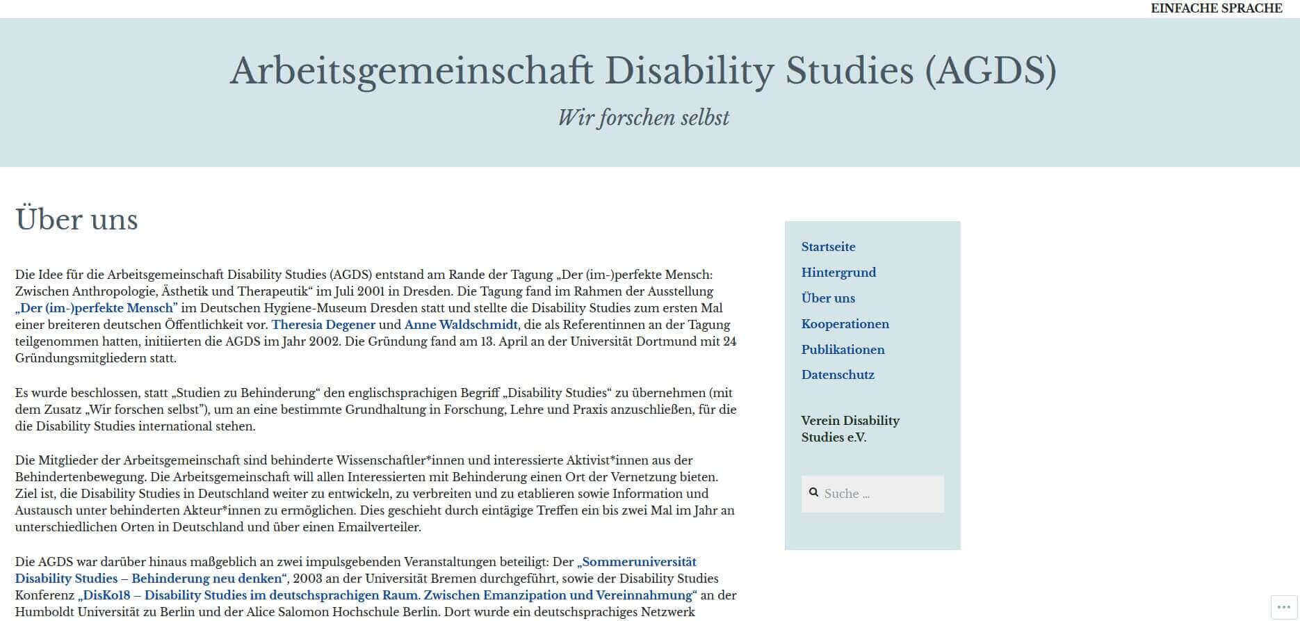 Screenshot der Homepage der deutschen AGDS - Arbeitsgemeinschaft Disability Studies